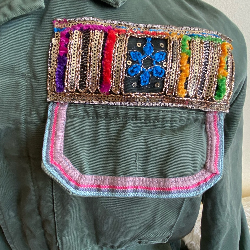 Bebe Boho Embellished Military Jacket - Army Green Size Large - Picture 7 of 15